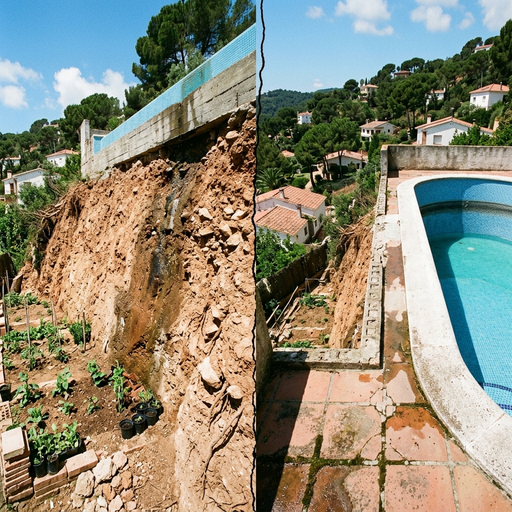 Composite view of an unstable slope with pool at the crest and excavation at the toe