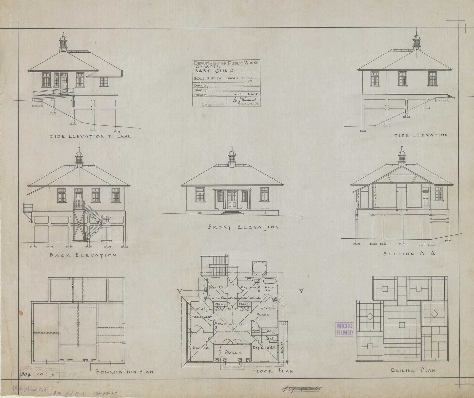Plano antiguo de una vivienda con alzados, sección y plantas dibujados a mano.